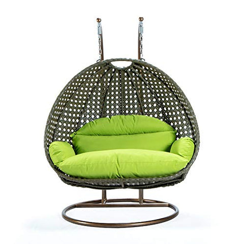 LeisureMod Beige 2 Person Hanging Double Swing Chair, X-Large Wicker Rattan Egg Chair with Stand and Cushion for Indoor Outdoor Patio Garden (Red)
