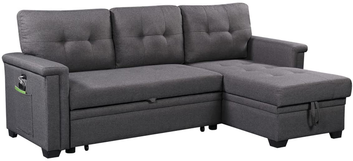 Lilola Home Reversible Sleeper Sectional Sofa with Storage Chaise and Pocket, Dark Gray