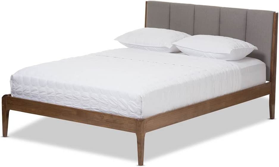 Baxton Studio Ember Mid-Century Dark Grey Fabric and Medium Brown Finish Wood King Size Platform Bed