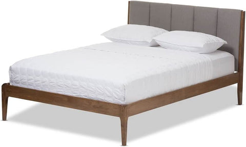 Baxton Studio Ember Mid-Century Dark Grey Fabric and Medium Brown Finish Wood Queen Size Platform Bed