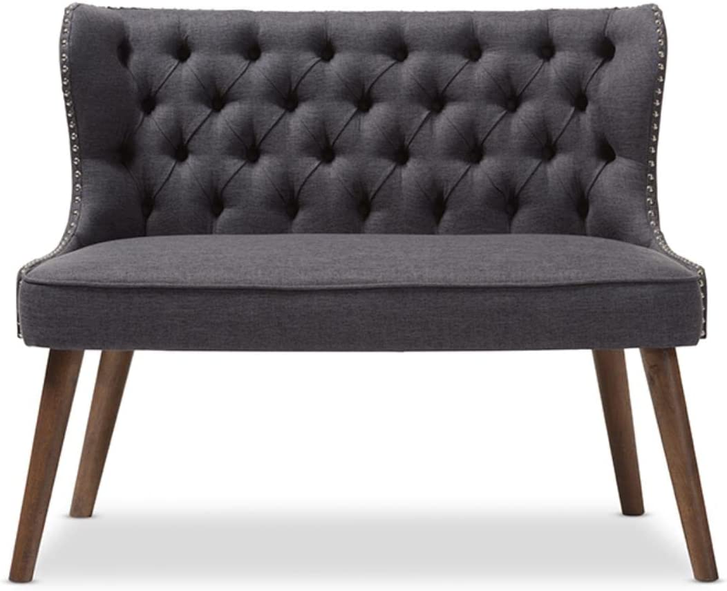 Baxton Studio Scarlett Mid-Century Modern Brown Wood and Dark Grey Fabric Upholstered Button-Tufting with Nail Heads Trim 2-Seater Loveseat Settee