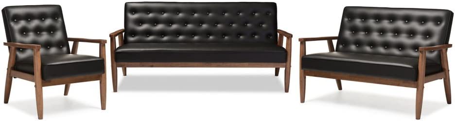 Baxton Studio Sorrento Mid-Century Retro Modern Black Faux Leather Upholstered Wooden 3 Piece Living Room Set