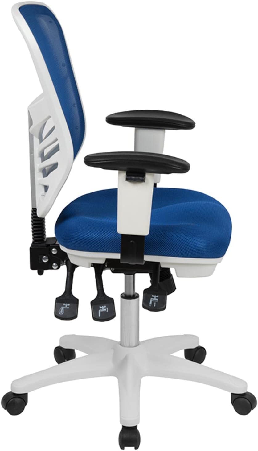 Flash Furniture Mid-Back Blue Mesh Multifunction Executive Swivel Ergonomic Office Chair with Adjustable Arms and White Frame