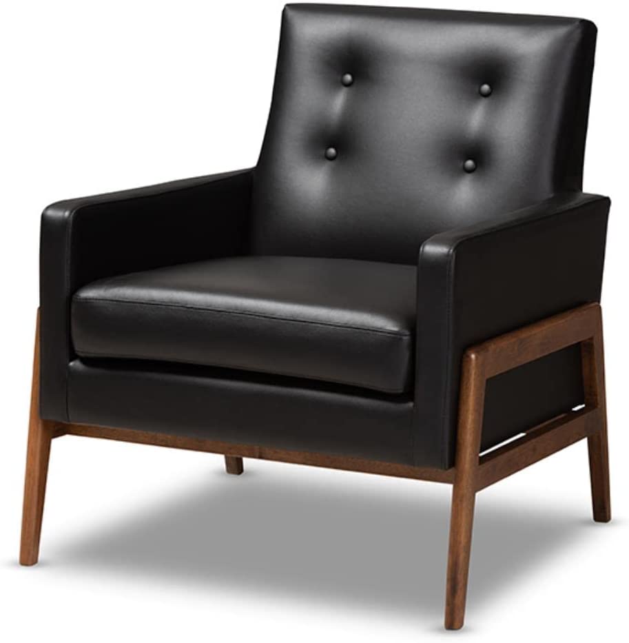 Baxton Studio Perris Mid-Century Modern Black Faux Leather Upholstered Walnut Wood Lounge Chair