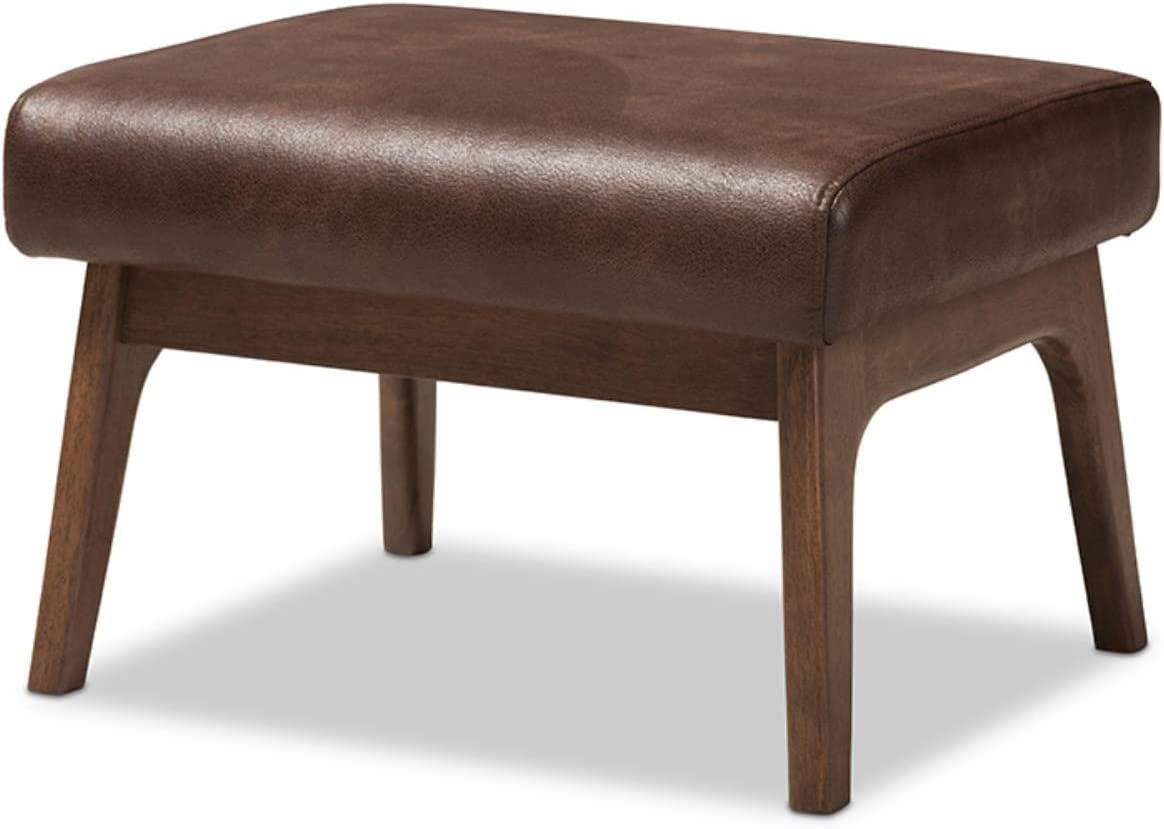 Baxton Studio Bianca Mid-Century Modern Walnut Wood Dark Brown Distressed Faux Leather Ottoman