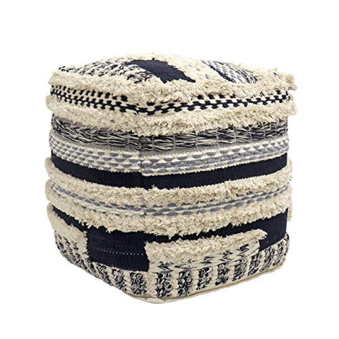 Pasargad Home Grandcanyon Cotton Pouf with Tassel, 100% Cotton Pouf, Hand Woven- Polly Beads Stuffed Pouf-Sitting, Foot Stool- Square Poufs for Living Room- Luxury Room Decor, 18&#34;x18&#34;x18&#34;, Navy/Beige
