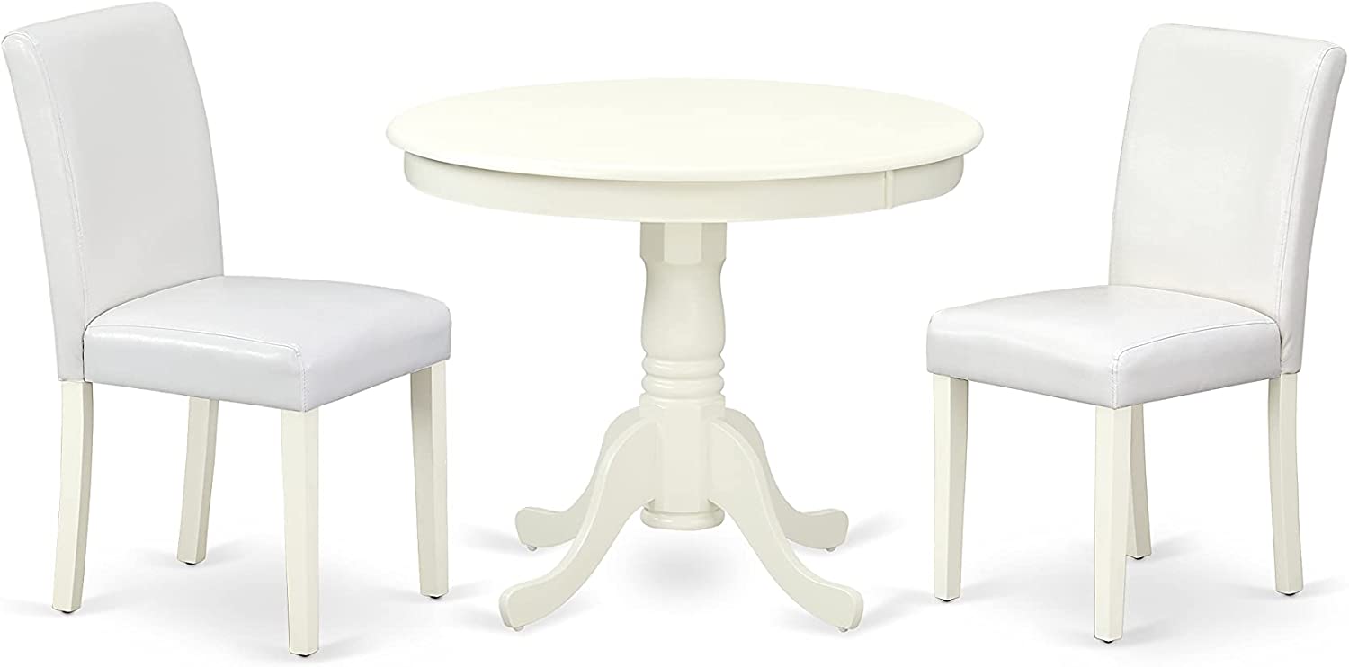 East West Furniture 3Pc Rounded 36 Inch Dinette Table and Two Parson Chair with Linen Leg and Pu Leather Color White