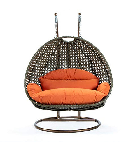 LeisureMod Beige 2 Person Hanging Double Swing Chair, X-Large Wicker Rattan Egg Chair with Stand and Cushion for Indoor Outdoor Patio Garden (Red)