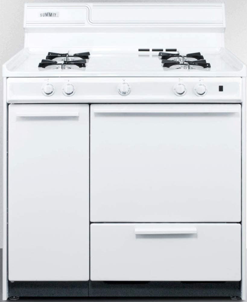 Summit Appliance WNM4307 36&#34; Wide Gas Range in White with Electronic Ignition, Side Storage Cabinet, Broiler Drawer, Broiler Tray, Recessed Oven Door