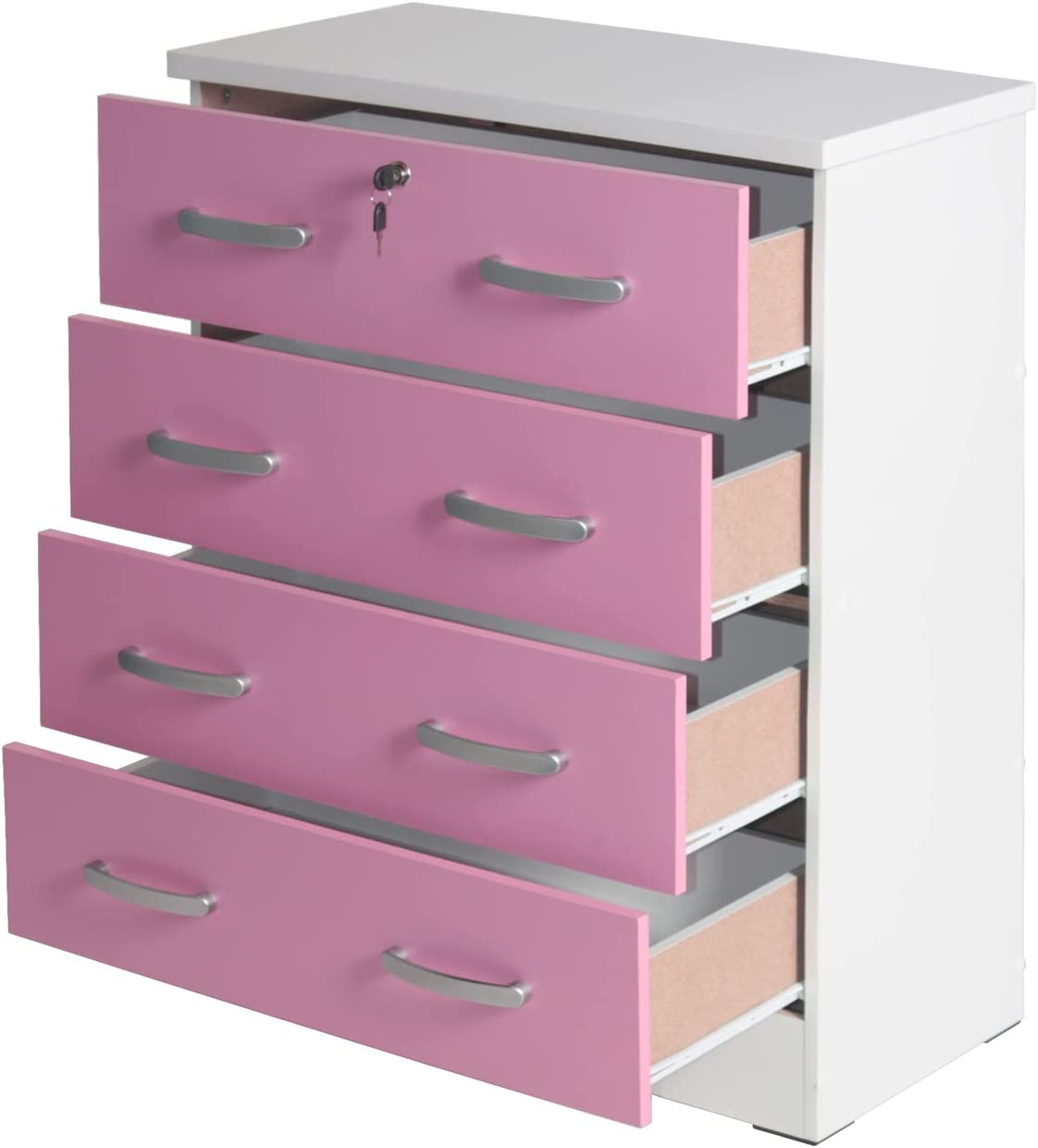 Better Home Products Cindy 4 Drawer Chest Wooden Dresser with Lock White and Pink