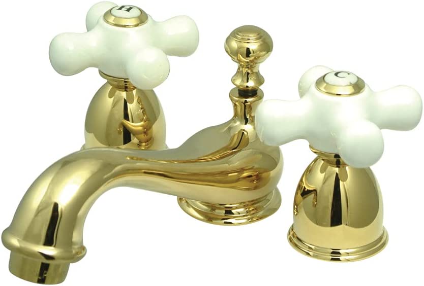 Kingston Brass KS3952PX Restoration Mini Widespread Lavatory Faucet with Porcelain Cross Handle, Polished Brass