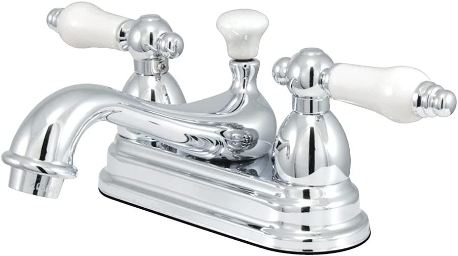 Kingston Brass KS3601PX Restoration 4-Inch Centerset Lavatory Faucet with Porcelain Cross Handle, Polished Chrome