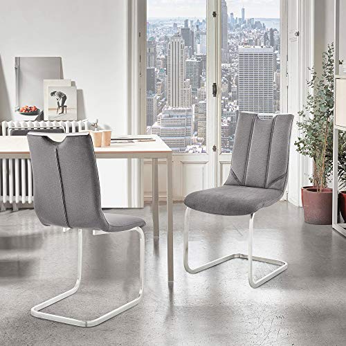 Armen Living Pacific Dining Room Accent Chair Fabric and Brushed Finish-Set of 2, 20&#34; Seat Height, Stainless Steel/Grey