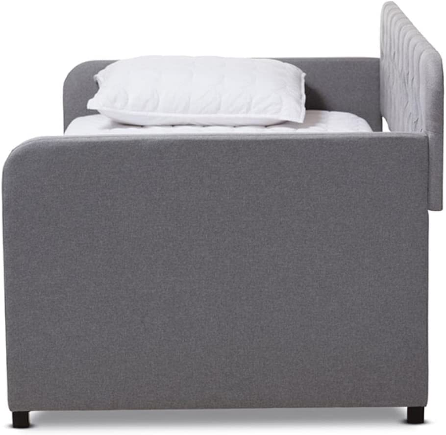 Baxton Studio Camelia Modern and Contemporary Grey Fabric Upholstered Button-Tufted Twin Size Sofa Daybed with Roll-Out Trundle Guest Bed