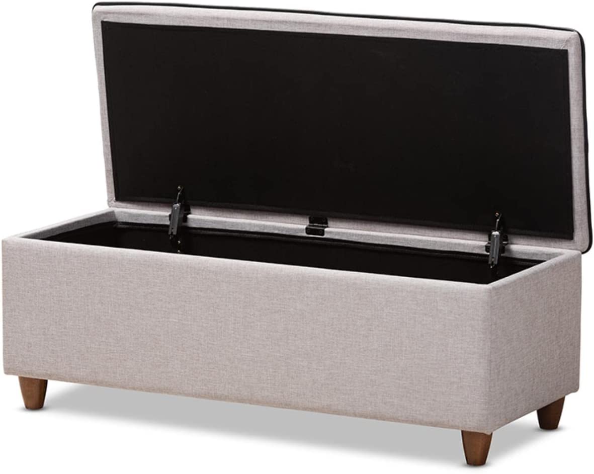 Baxton Studio Marlisa Mid-Century Modern Walnut Finished Wood and Greyish Beige Fabric Upholstered Button Tufted Storage Ottoman Bench