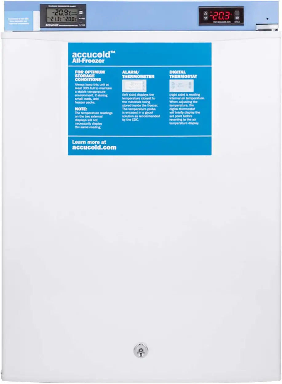 AccuCold FS30LMED2 19 Compact Freezer with 1.8 cu. ft. Capacity Digital Thermostat Factory Installed Lock Manual Defrost Buffered Temperature Probe and Magnetic Door Gasket in White