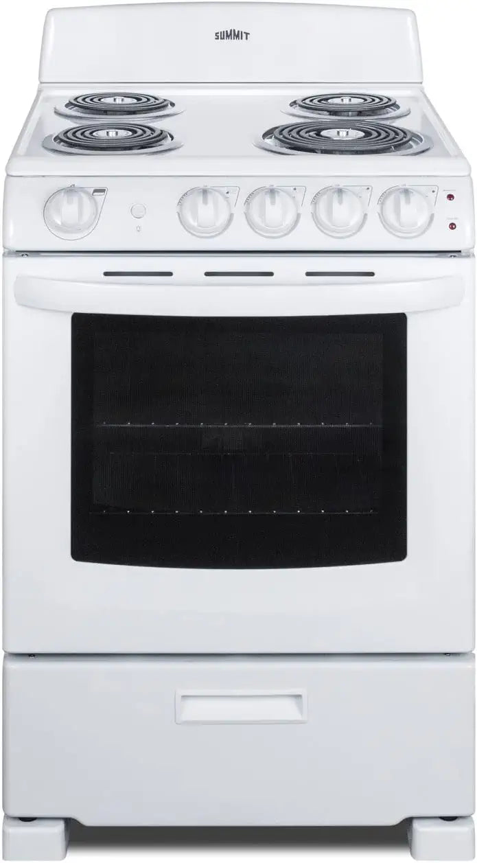 Summit Appliance RE2411W 24&#34; Wide Electric Range in White Finish with Coil Burners, Lower Storage Compartment, Four cooking Zones, Indicator Lights, Oven Light, Backsplash and Oven Window