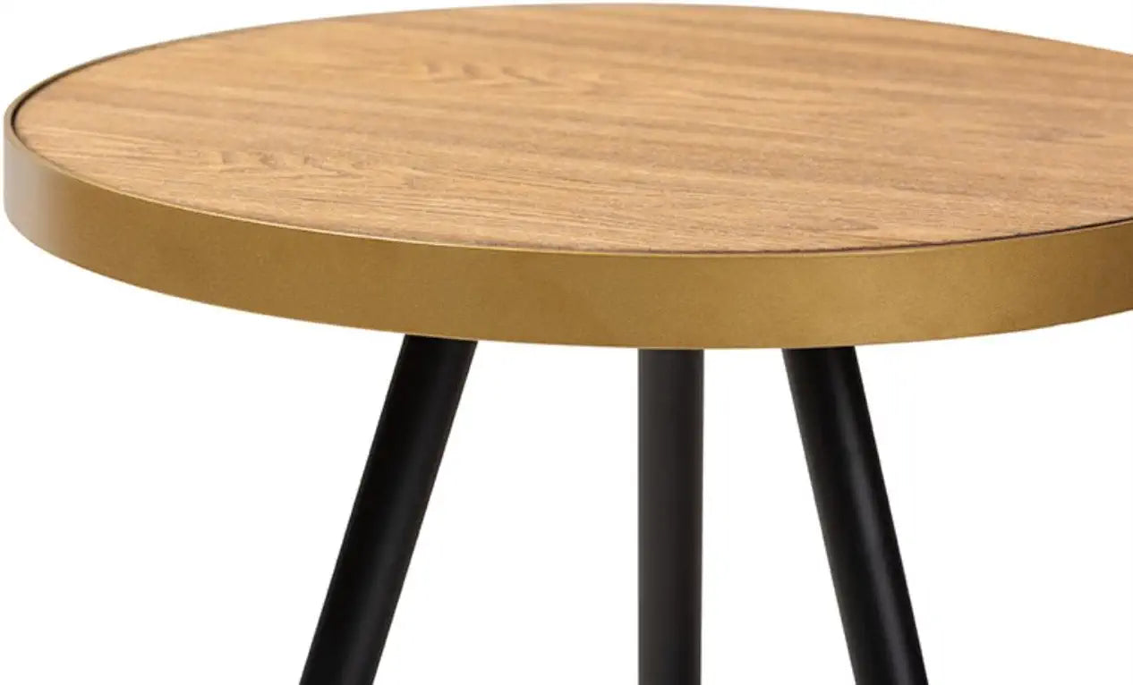 Baxton Studio Lauro Modern and Contemporary Round Walnut Wood and Metal End Table with Two-Tone Black and Gold Legs