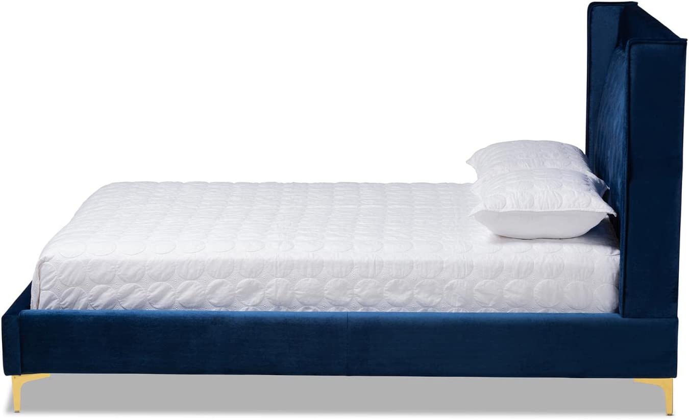 Baxton Studio Valery Modern and Contemporary Navy Blue Velvet Fabric Upholstered Queen Size Platform Bed with Gold-Finished Legs