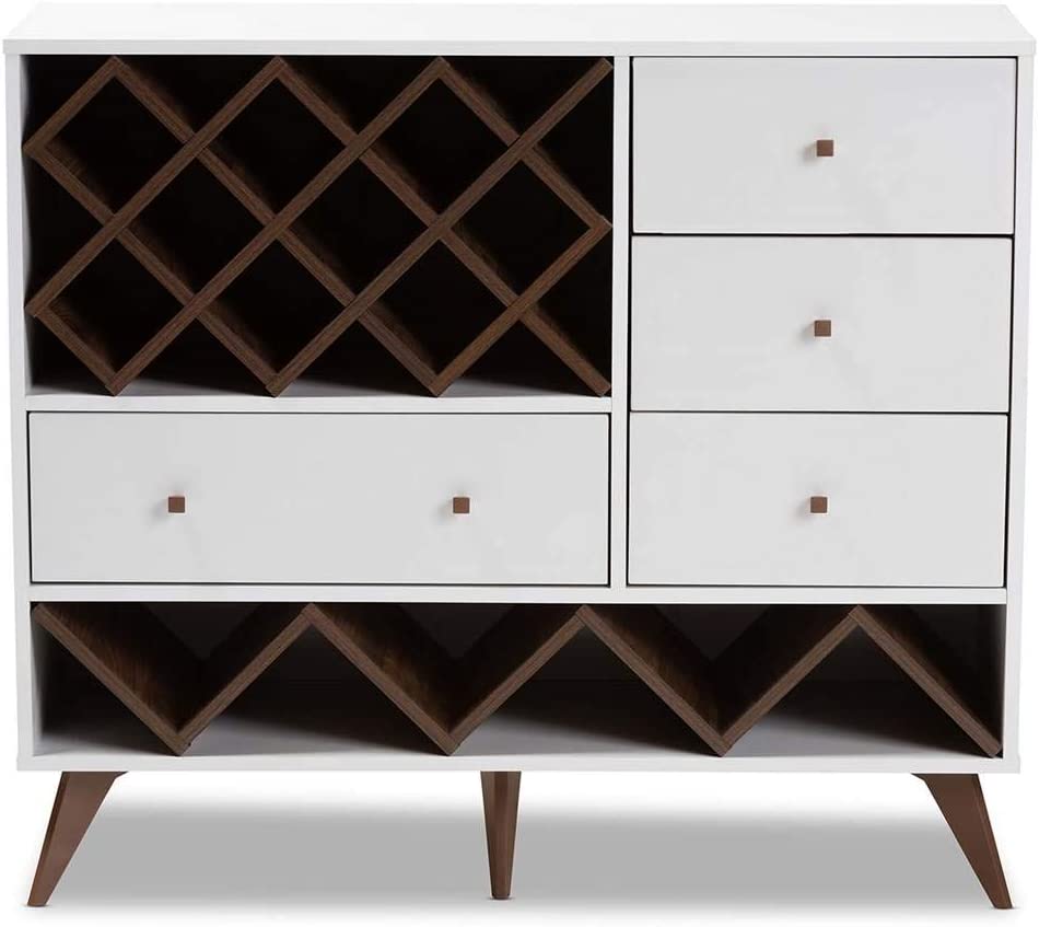 Baxton Studio Savino Mid-Century Modern White and Walnut Finished Wood Wine Cabinet