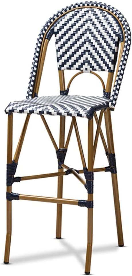 Baxton Studio Ilene Classic French Indoor and Outdoor White and Blue Bamboo Style Stackable Bistro Bar Stool