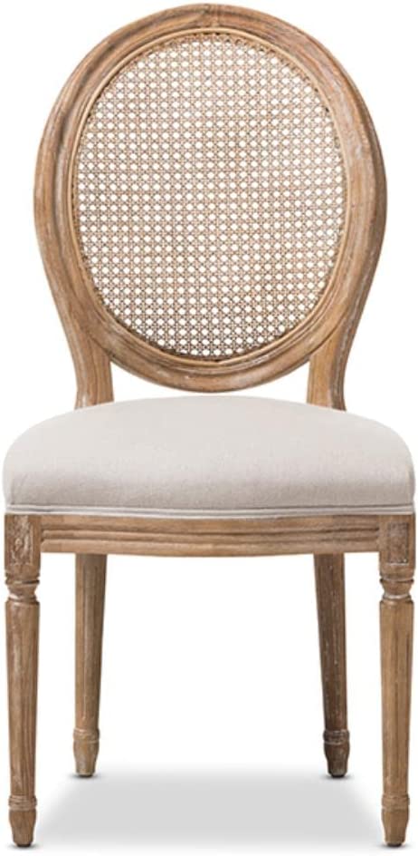 Baxton Studio Adelia French Vintage Cottage Upholstered Dining Side Chair with Round Cane Back