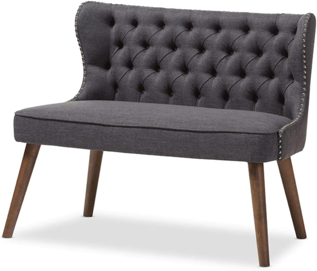 Baxton Studio Scarlett Mid-Century Modern Brown Wood and Dark Grey Fabric Upholstered Button-Tufting with Nail Heads Trim 2-Seater Loveseat Settee