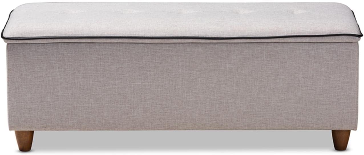 Baxton Studio Marlisa Mid-Century Modern Walnut Finished Wood and Greyish Beige Fabric Upholstered Button Tufted Storage Ottoman Bench