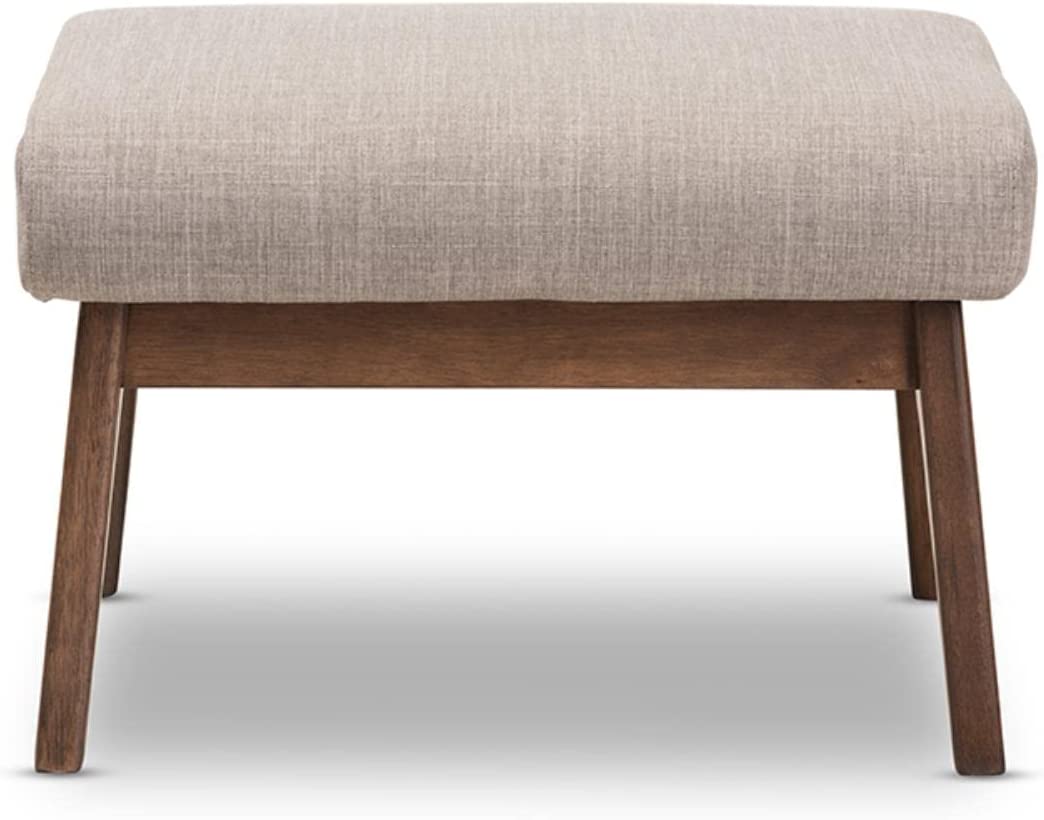 Baxton Studio Bianca Mid-Century Wood Ottoman/Mid-Century/Fabric Polyester 100%&#34;/Rubber Wood/Light Grey/Walnut Brown