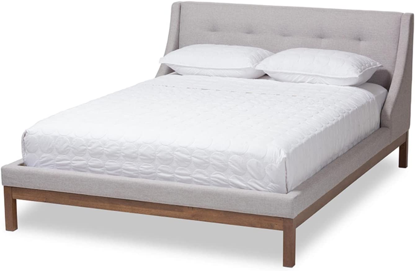 Baxton Studio Louvain Modern and Contemporary Greyish Beige Fabric Upholstered Walnut-Finished Full Sized Platform Bed