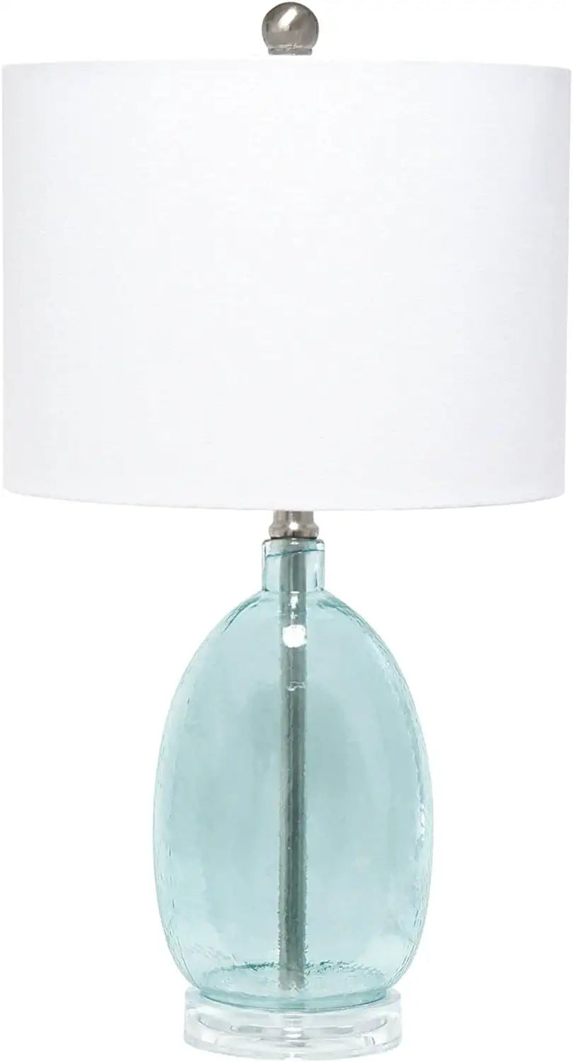 Lalia Home Contemporary Oval Glass Table Lamp with White Drum Shade - Clear Blue