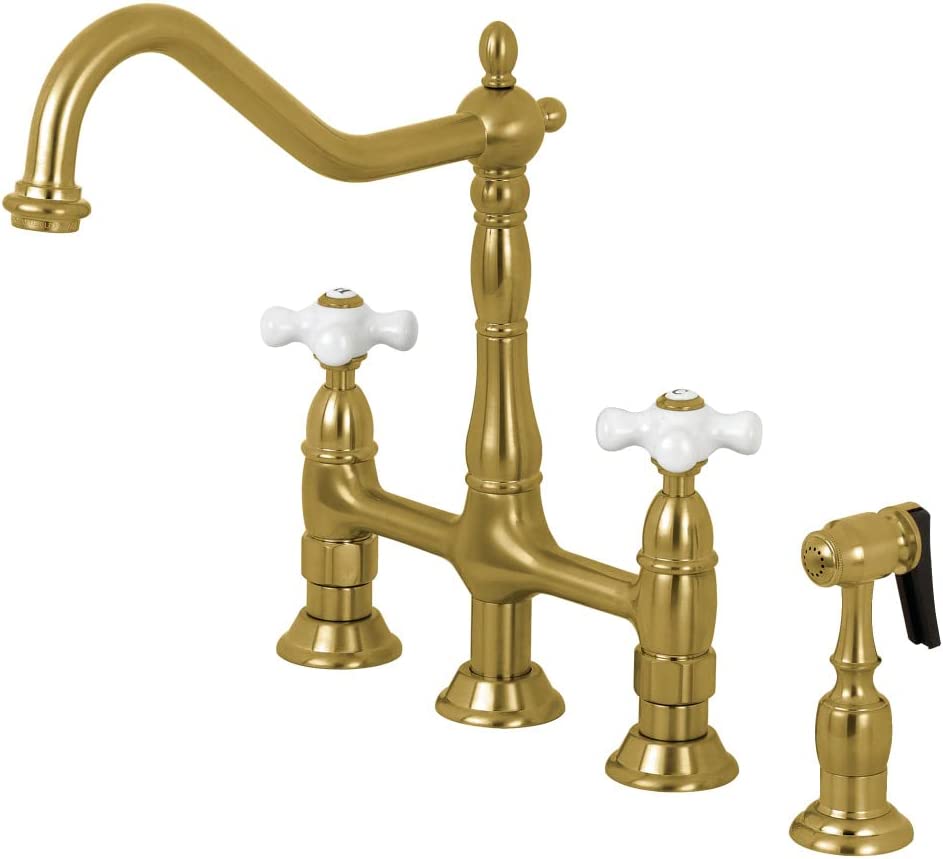 Kingston Brass KS1277PXBS Heritage 8-Inch Center Kit Bridge Faucet with Brass Sprayer, Brushed Brass