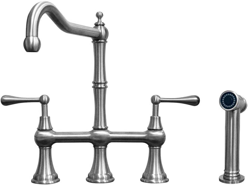 Waterhaus Lead-Free Solid Stainless Steel Bridge Faucet with a Traditional Spout, Lever Handles and Side Spray