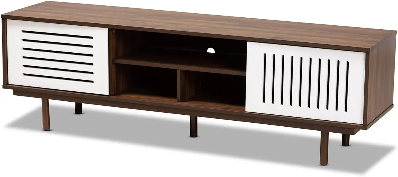 Baxton Studio Meike Mid-Century Modern Two-Tone Walnut Brown and White Finished Wood 2-Door Shoe Cabinet