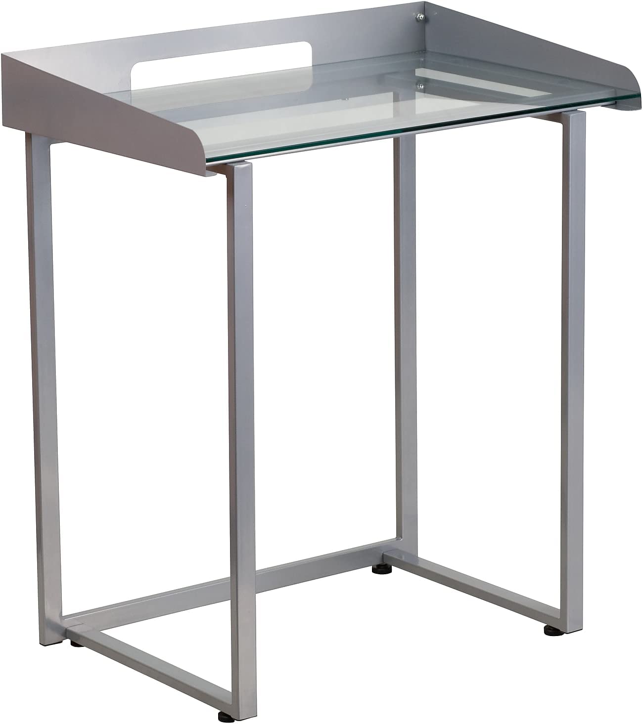 Flash Furniture Contemporary Clear Tempered Glass Desk with Raised Management Border and Silver Metal Frame