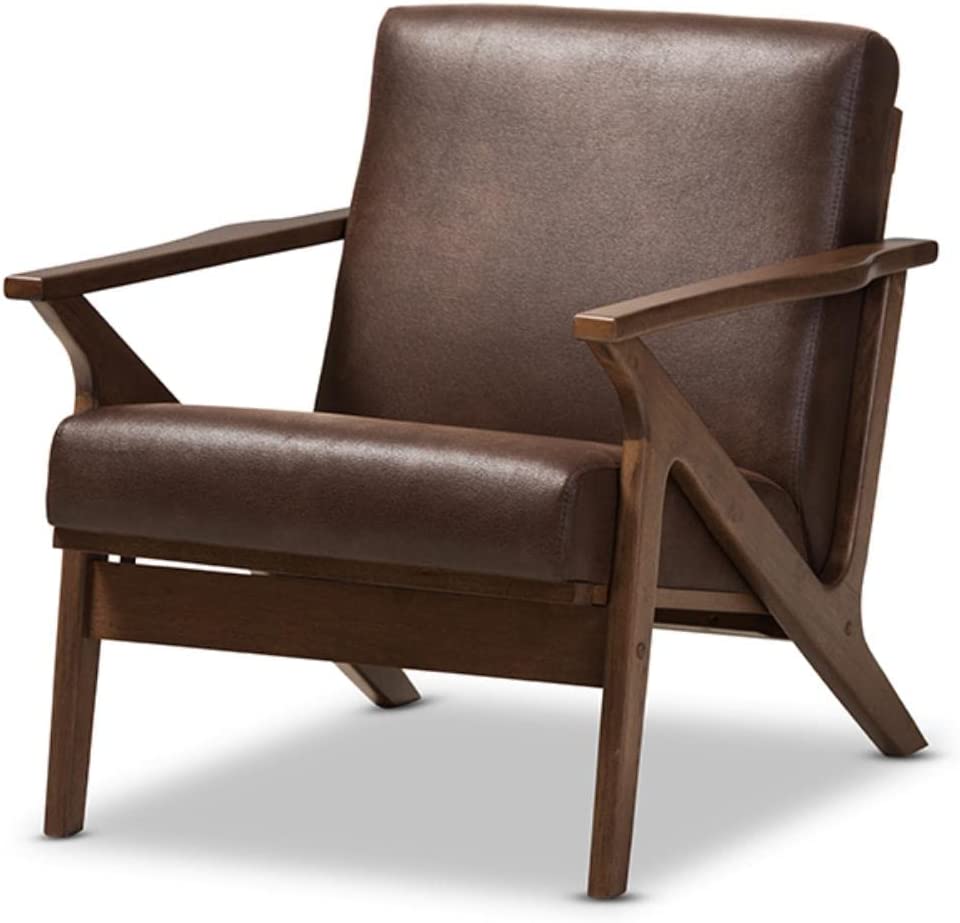 Baxton Studio Bianca Mid-Century Modern Walnut Wood Dark Brown Distressed Faux Leather Lounge Chair Mid-Century/Dark Brown/Walnut Brown/Faux Leather/Rubber Wood/