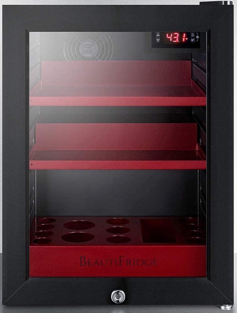 Summit Appliance LX114LR BeautiFridge Compact Cosmetics Cooler with Glass Door, Black Cabinet, Lock, Glossy Ruby-Colored Shelves, and Digital Controls Set for the Storage of Beauty Products