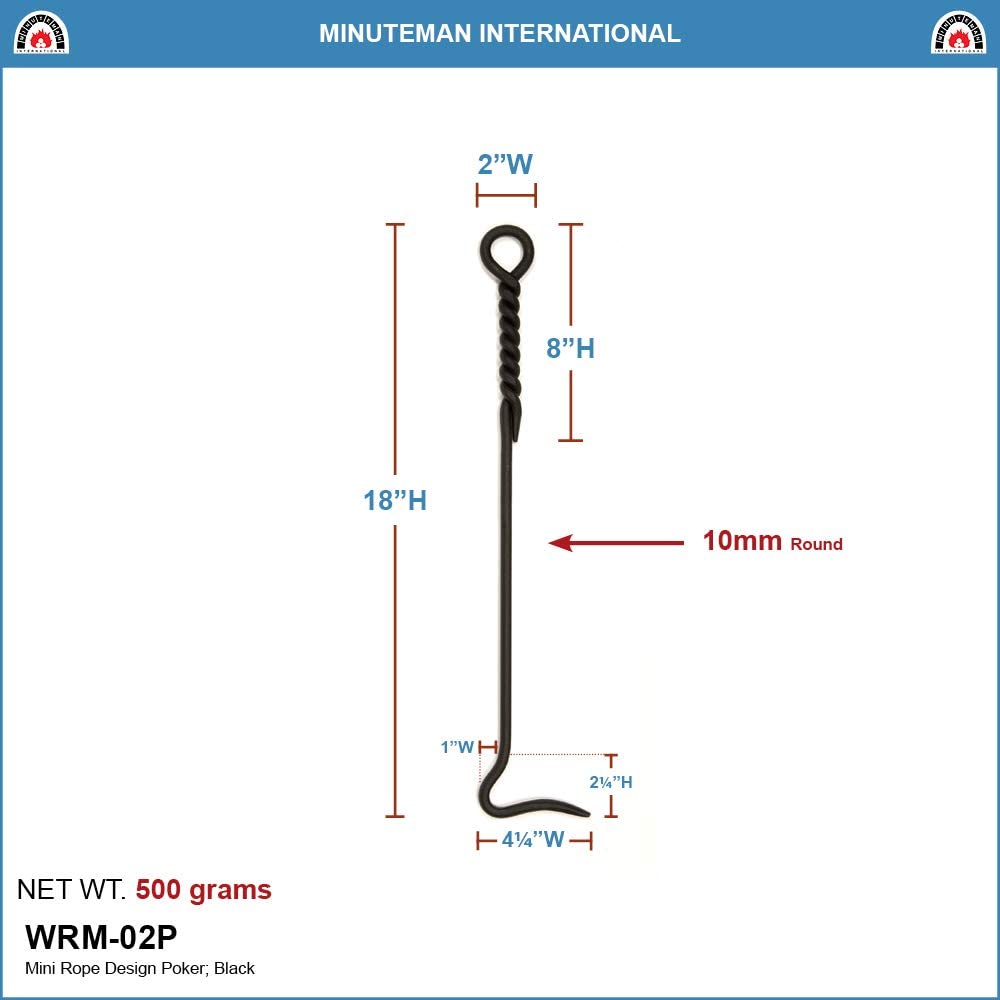 Minuteman International Rope Handle Single, Mini Poker Fireplace Tool, 18-in, Black