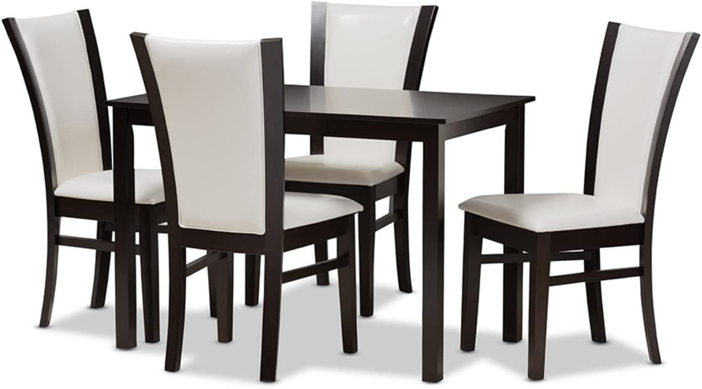 Baxton Studio Adley Modern and Contemporary 5-Piece Dark Brown Finished White Faux Leather Dining Set White//Medium Wood/Contemporary/Table/Faux Leather/Solid Rubber Wood/Foam