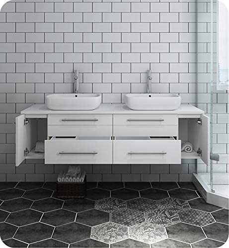 Fresca Lucera 60" White Wall Hung Modern Bathroom Cabinet w/Top & Double Vessel Sinks