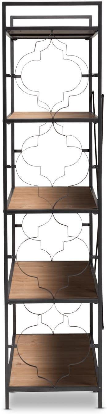 Baxton Studio Mirna Industrial Black Iron Metal and Natural Oak Wood 5-Shelf Quatrefoil Accent Bookcase