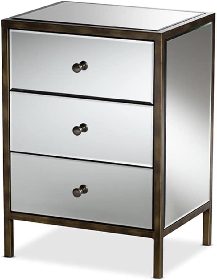 Baxton Studio Nouria Modern and Contemporary Hollywood Regency Glamour Style Mirrored 3-Drawer Nightstand Bedside Table