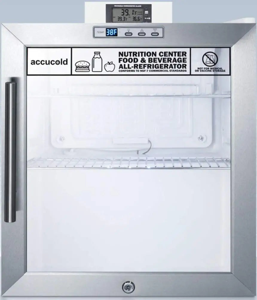 Summit Appliance SCR215LNZ Commercially Approved Compact Nutrition Center Series Glass Door All-Refrigerator with Front Lock, Digital Temperature Display, Auto Defrost and White Cabinet