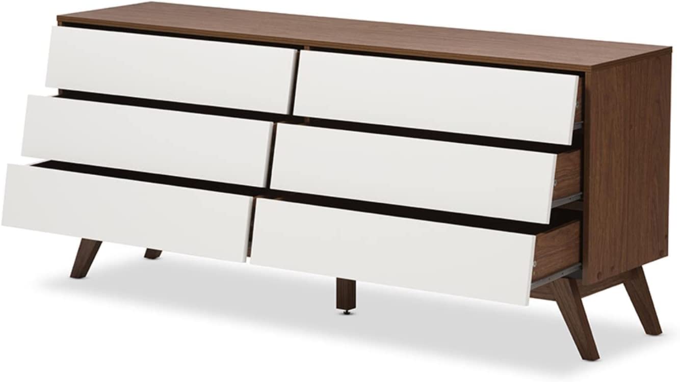 Baxton Studio Hildon Modern 6-Drawer Storage Dresser Mid-Century/Particle Board/MDF with PU Paper/White/Walnut Brown
