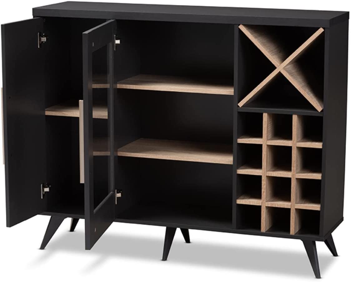 Baxton Studio Pietro Mid-Century Modern Dark Grey and Oak Finished Wine Cabinet