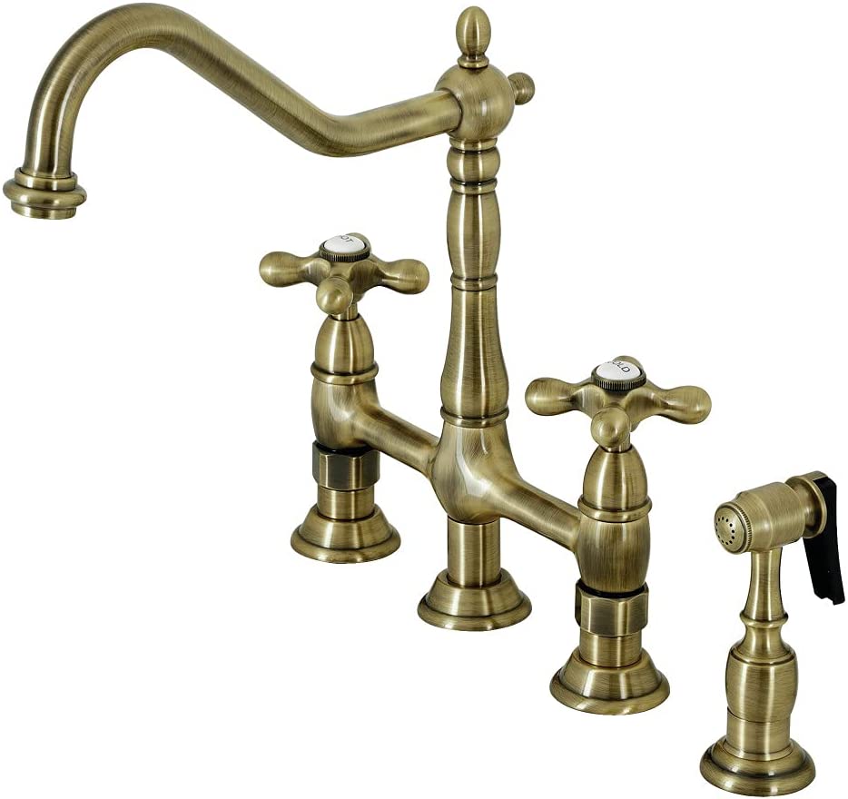 Kingston Brass KS1273AXBS Heritage 8-Inch Kitchen Bridge Faucet with Brass Sprayer, Antique Brass, 8-3/4-Inch