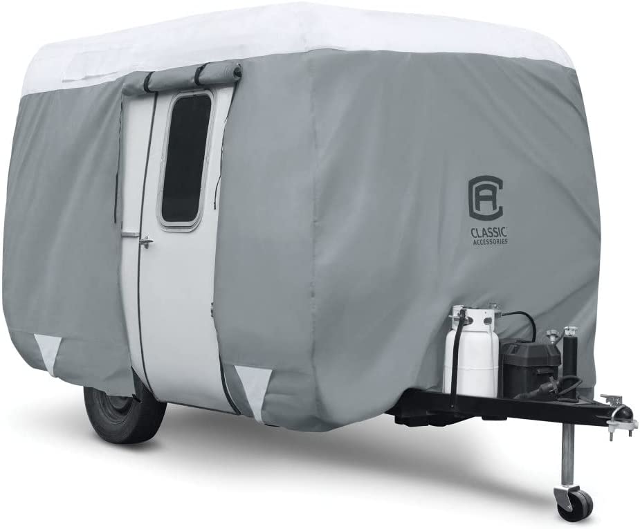 Classic Accessories Over Drive PolyPRO 3 Molded Fiberglass Travel Trailer Cover, Fits 11' - 13' Trailers, Camper RV Cover, Customizable Fit, All Season Protection for Motorhome, Grey/White