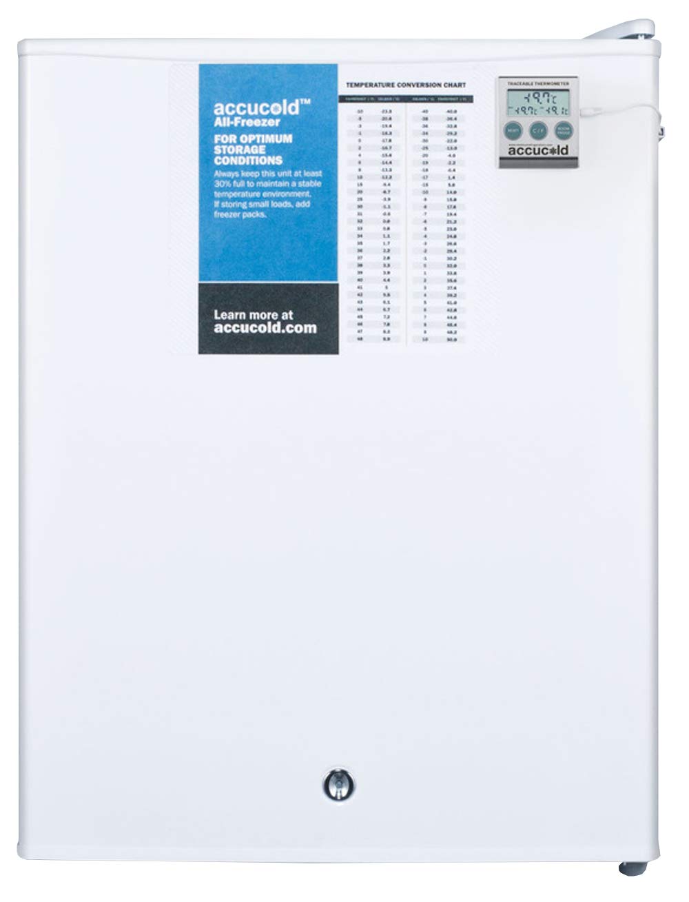 Summit Appliance FS30LPLUS2 Accucold Compact All-Freezer, 1.8 cu.ft Capacity, Manual Defrost, Wire Shelving, Adjustable Thermostat, Buffered Temperature Probe, NIST Calibrated Thermometer