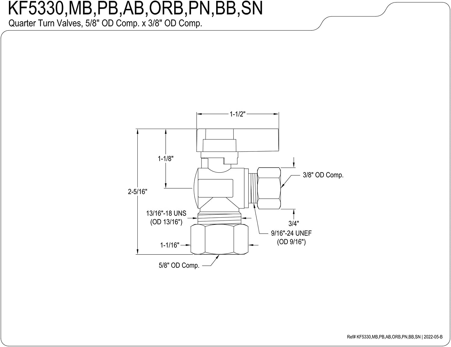 Kingston Brass KF5330ORB Baseline 5/8-Inch x 3/8-Inch OD Comp Angle Stop Valve, Oil Rubbed Bronze