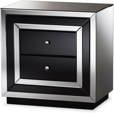 Baxton Studio Cecilia 2-Drawer Nightstand MDF/Glam/Black/Silver Mirrored
